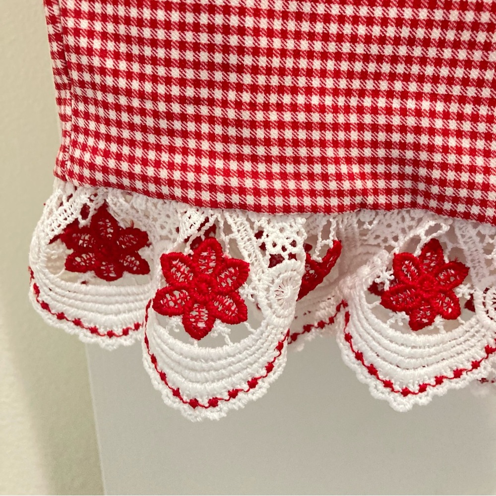 New York and Company red and white gingham midi pencil skirt lace trim - Picture 4 of 11